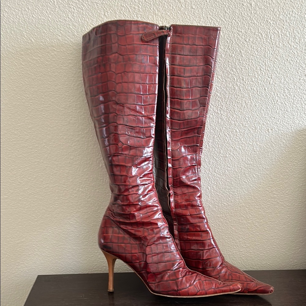 VICINI By GIUSEPPE ZANOTTI DESIGNE Red Crocodrille leather Knee-High Boots 7.5